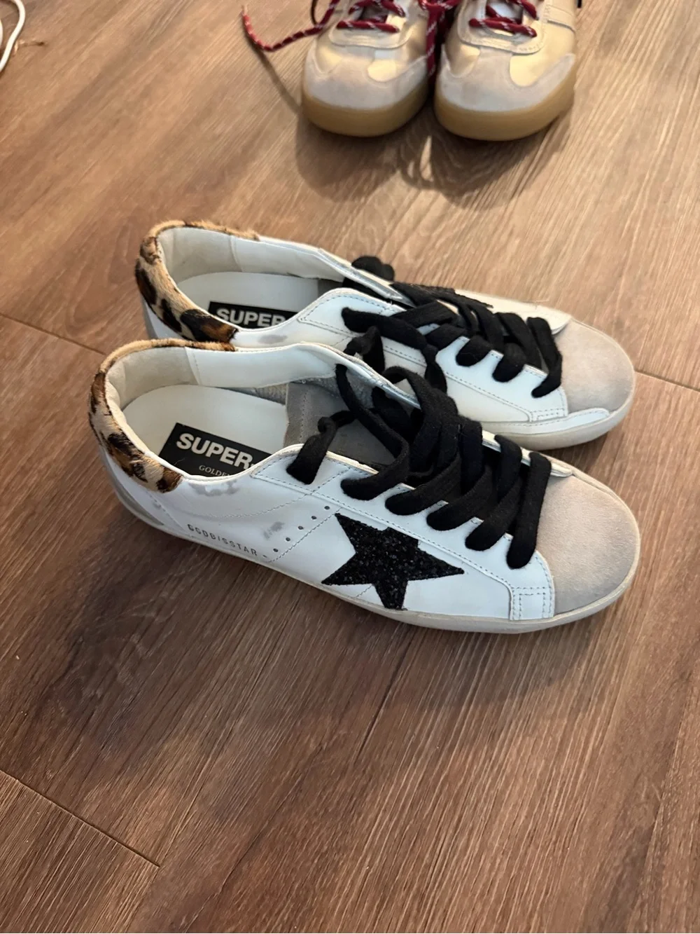 Golden Goose White Sneakers with Black Star and Leopard Heel